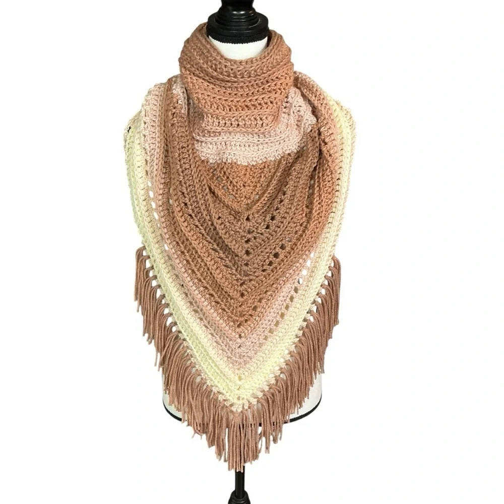 Hand Crafted‎ Crochet Turtle Neck Scarf in Beige and Cream with Fringe